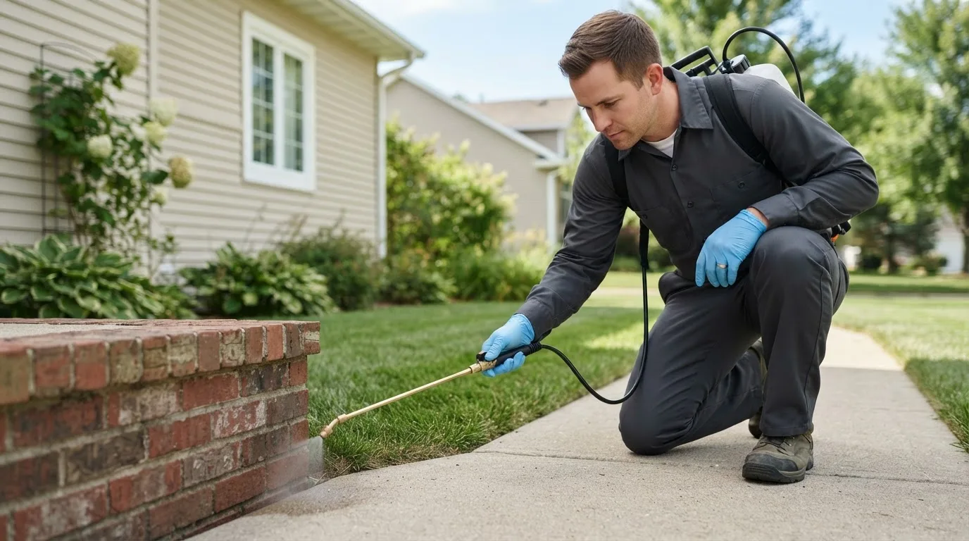 Pest control technician treating a home near Warsaw, OH