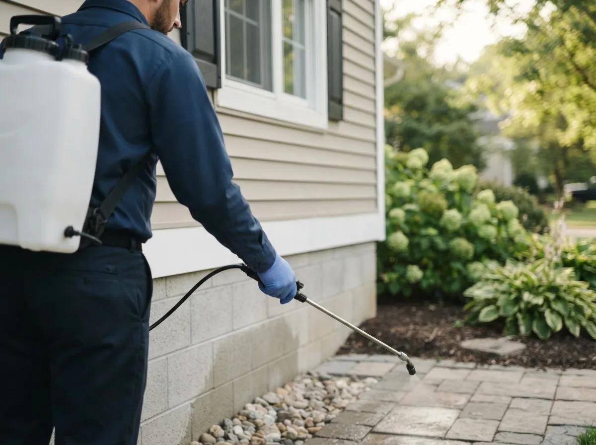 Pest control technician inspecting a home in Warsaw, OH